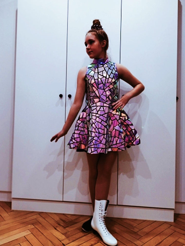 Closed neck Purple Blue Laser Mirror Sequins Sleeveless Short Dress