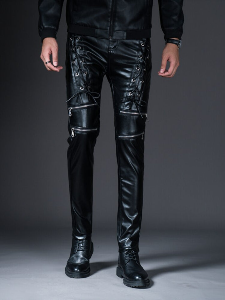 Mens Skinny Biker Leather Pants Fashion Faux Leather