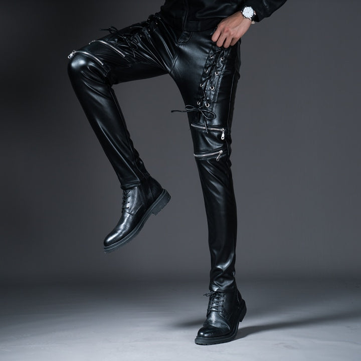 Mens Skinny Biker Leather Pants Fashion Faux Leather
