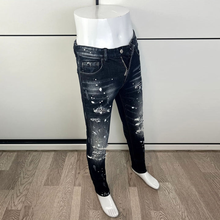 Mens Jeans Retro Black Blue Elastic Slim Hole Ripped