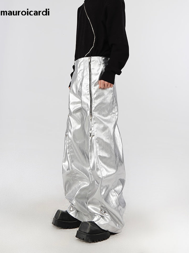Mens Cool Long Loose Casual Soft Black Silver Pu Leather Pants Men with Many Zippers