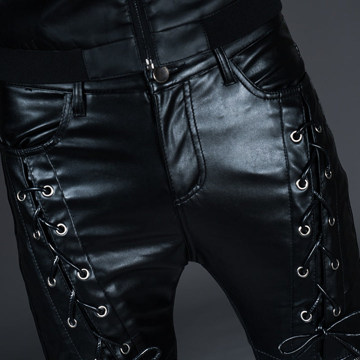Mens Skinny Biker Leather Pants Fashion Faux Leather