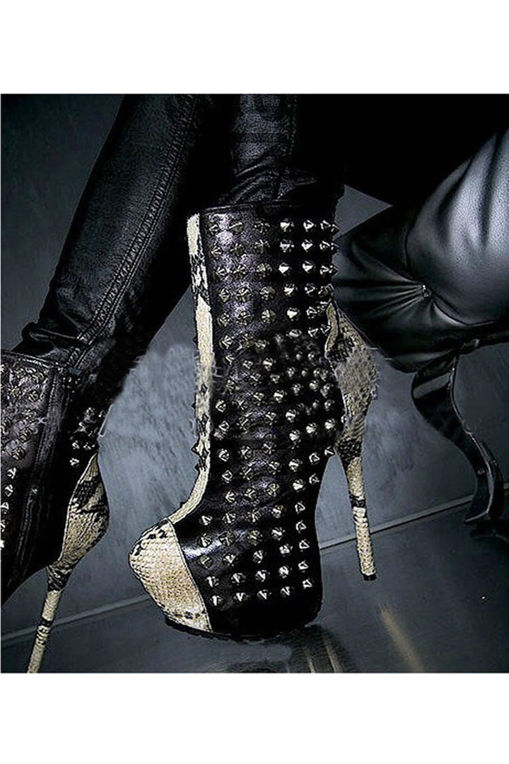 Women Stage Platform Metal Rivets Studded Snakeskin Patched Ankle Boots Ultra 16cm High Heels