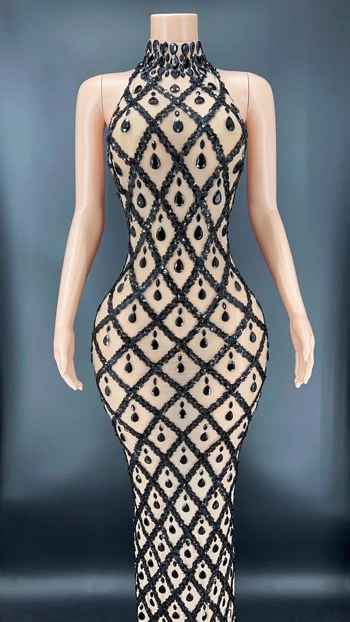 Sparkly Crystals Sequins Long Dress Women Dress Mesh Transparent Show Stage Wear