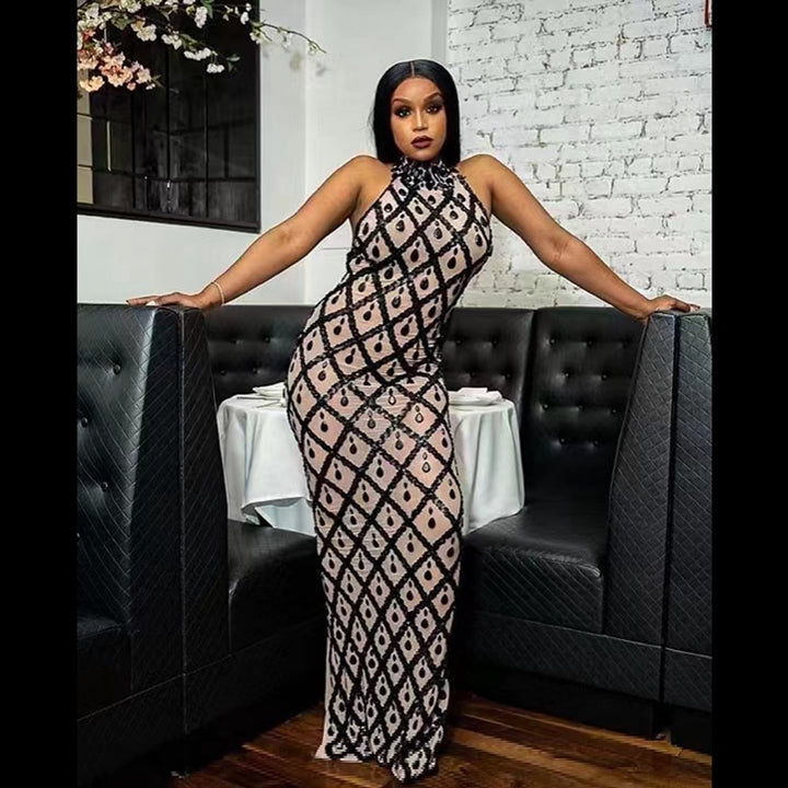 Sparkly Crystals Sequins Long Dress Women Dress Mesh Transparent Show Stage Wear