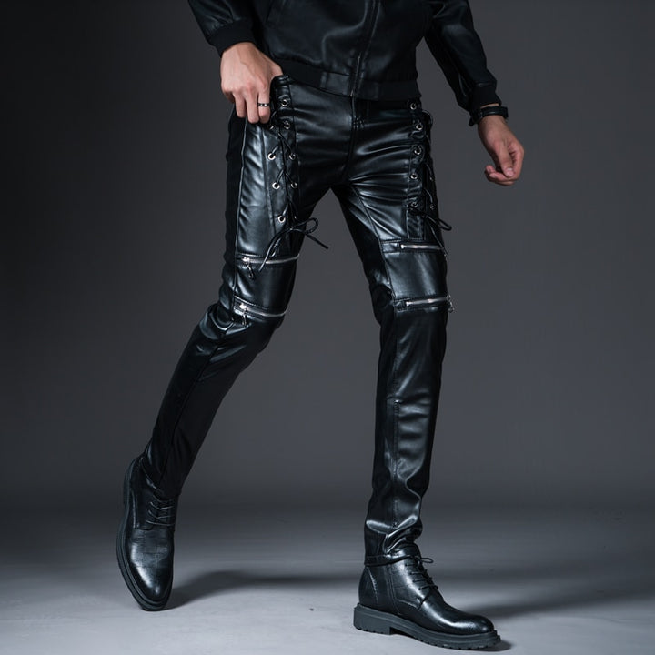 Mens Skinny Biker Leather Pants Fashion Faux Leather