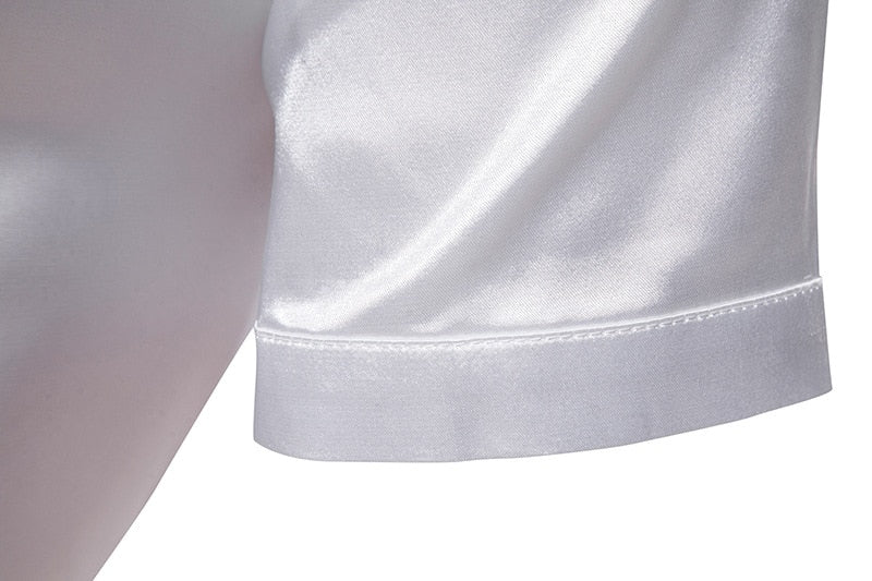 Mens short sleeve White Silk Satin musician stage shirt