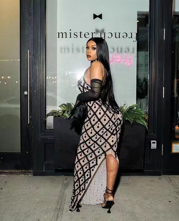 Sparkly Crystals Sequins Long Dress Women Dress Mesh Transparent Show Stage Wear