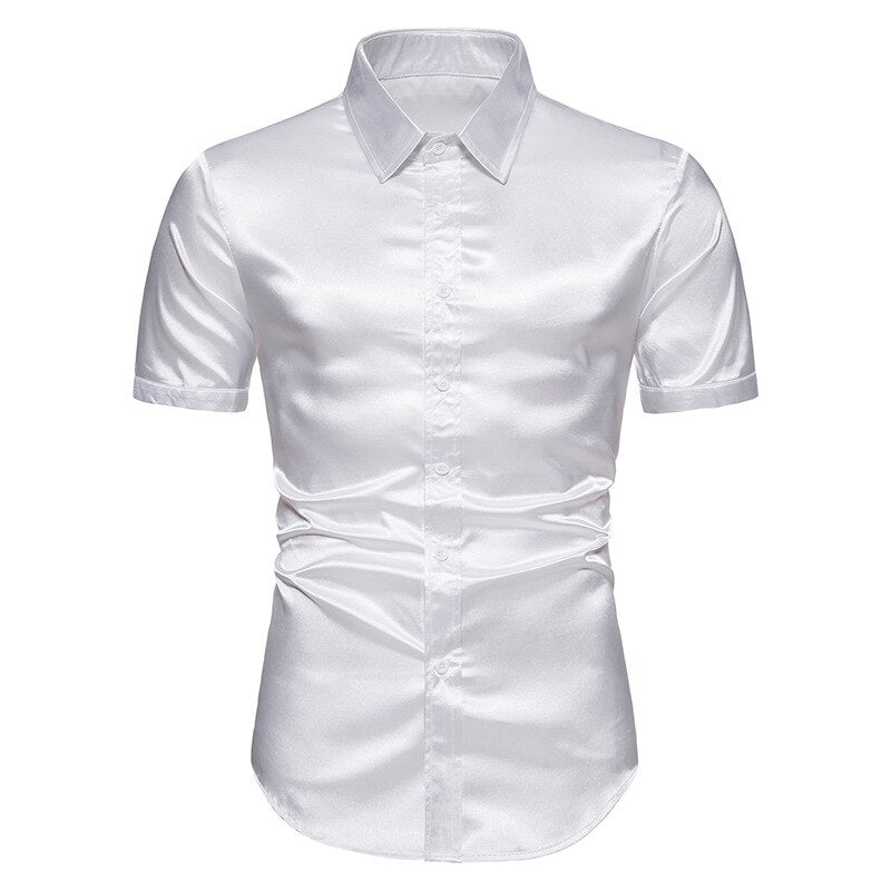 Mens Black Silk Satin short sleeve musician stage shirt