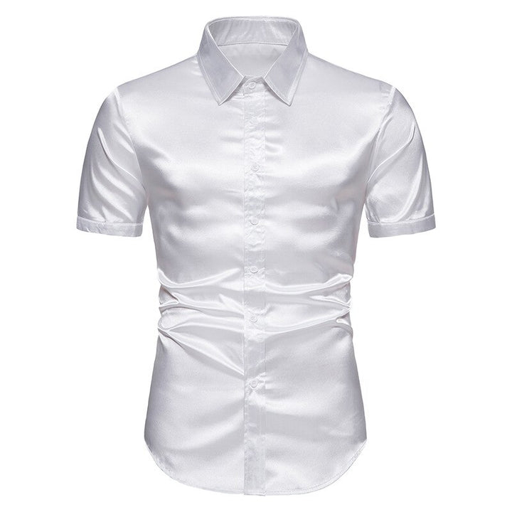 Mens Black Silk Satin short sleeve musician stage shirt