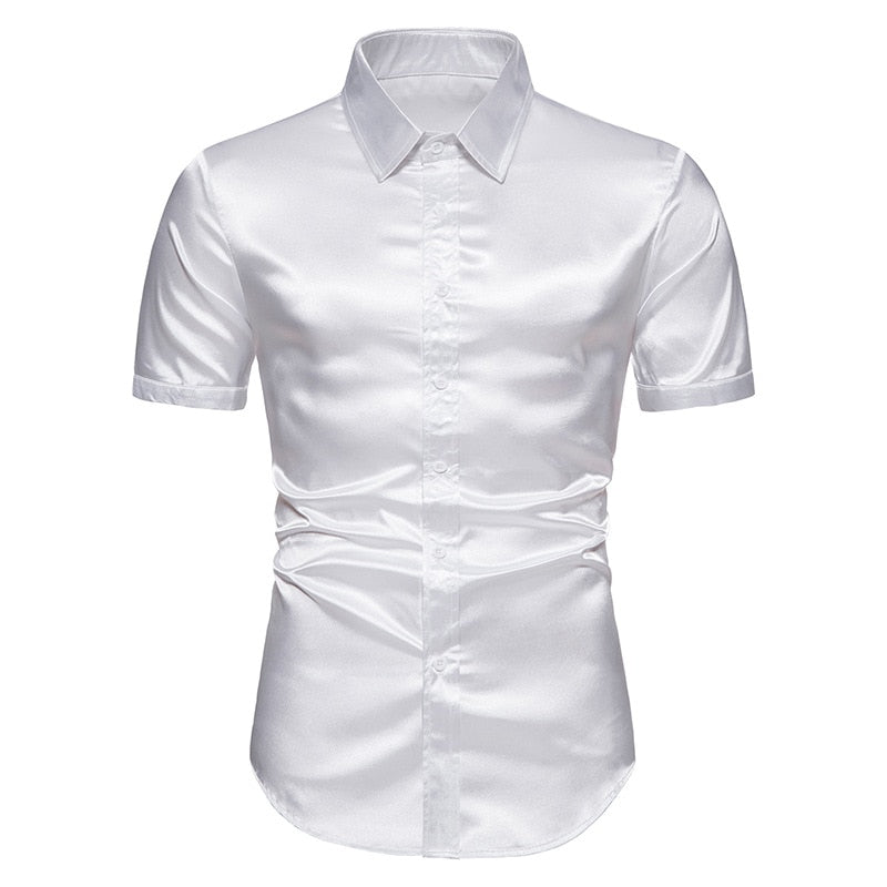 Mens short sleeve White Silk Satin musician stage shirt