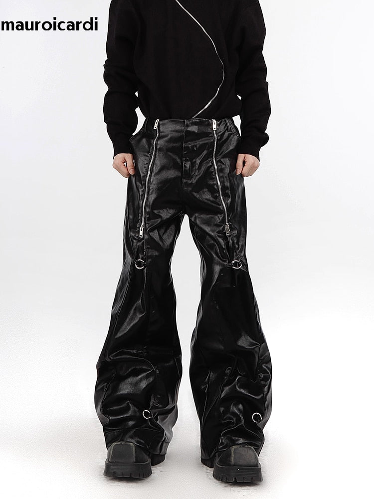Mens Cool Long Loose Casual Soft Black Silver Pu Leather Pants Men with Many Zippers