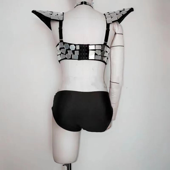Mirror Bodysuit Women Dance Costume Fly Shoulder