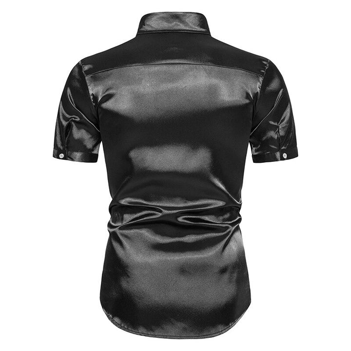 Mens Black Silk Satin short sleeve musician stage shirt