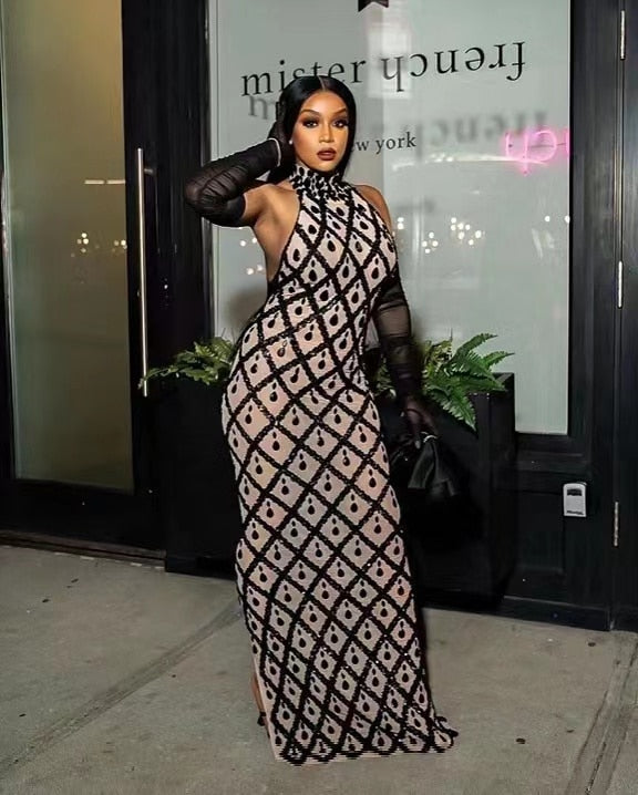 Sparkly Crystals Sequins Long Dress Women Dress Mesh Transparent Show Stage Wear