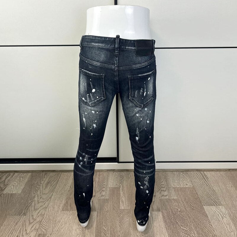 Mens Jeans Retro Black Blue Elastic Slim Hole Ripped