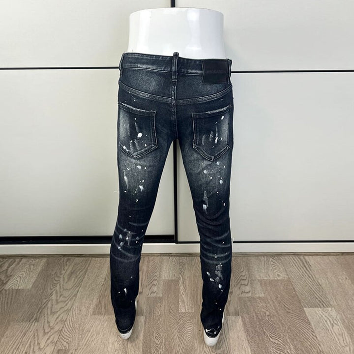 Mens Jeans Retro Black Blue Elastic Slim Hole Ripped