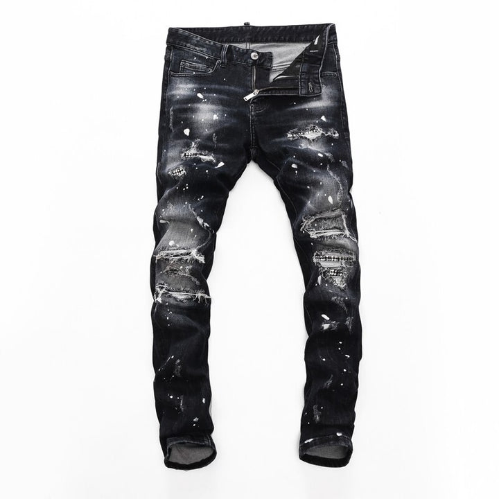 Mens Jeans Retro Black Blue Elastic Slim Hole Ripped