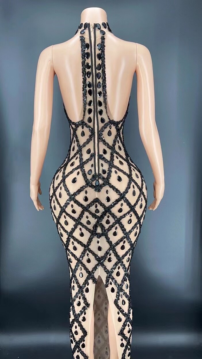 Sparkly Crystals Sequins Long Dress Women Dress Mesh Transparent Show Stage Wear