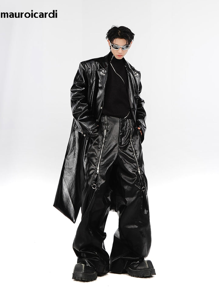 Mens Cool Long Loose Casual Soft Black Silver Pu Leather Pants Men with Many Zippers