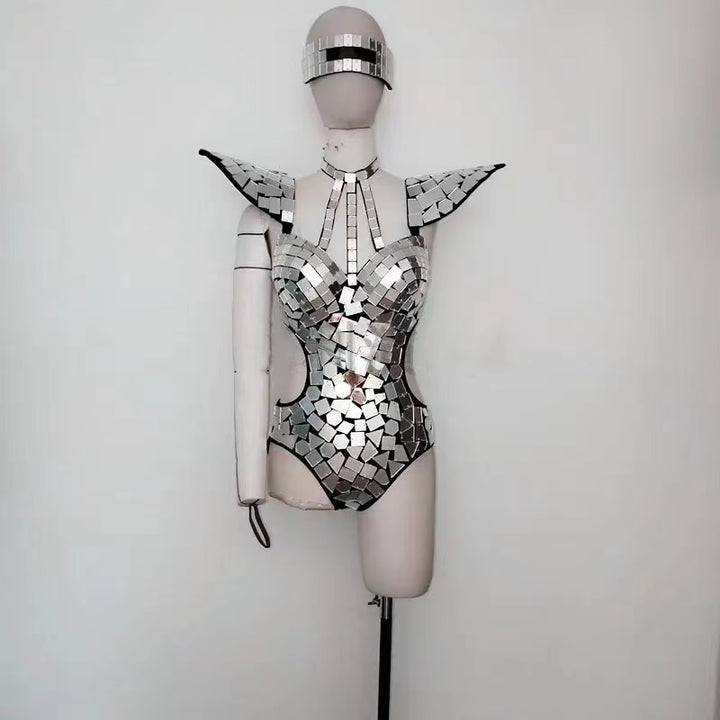 Mirror Bodysuit Women Dance Costume Fly Shoulder