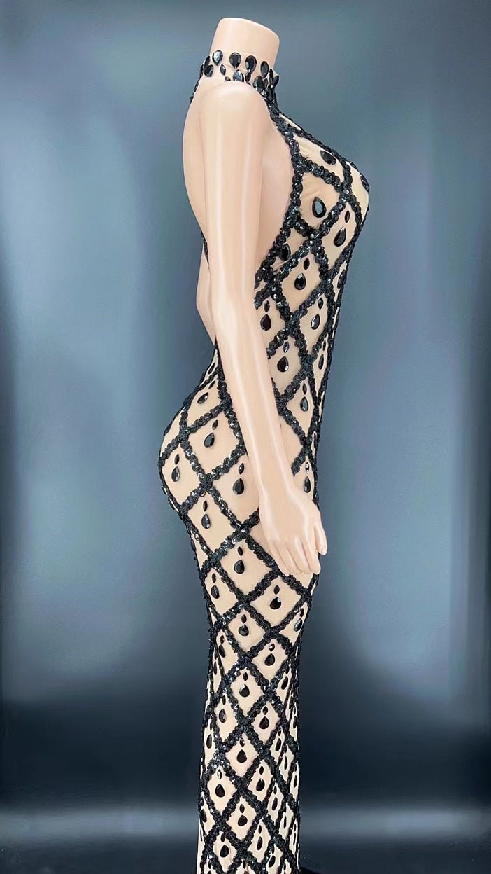 Sparkly Crystals Sequins Long Dress Women Dress Mesh Transparent Show Stage Wear