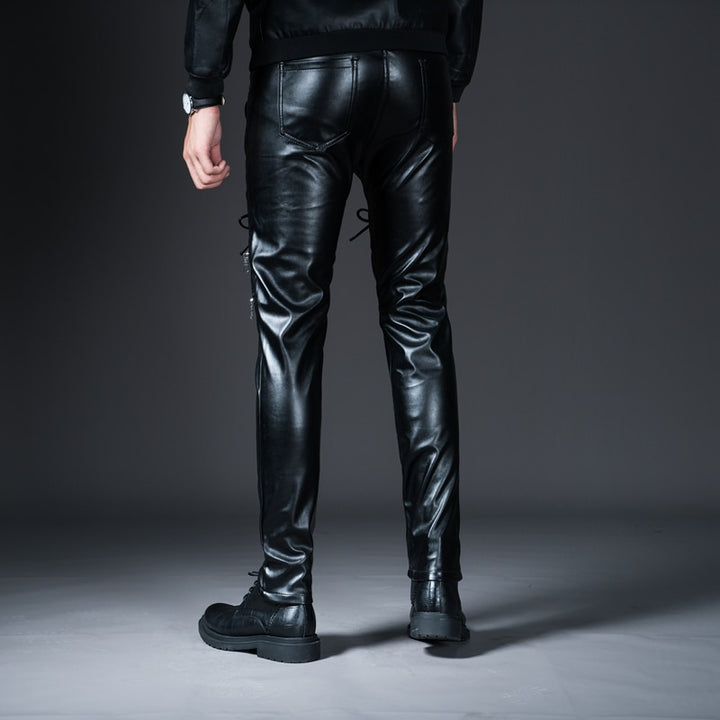 Mens Skinny Biker Leather Pants Fashion Faux Leather