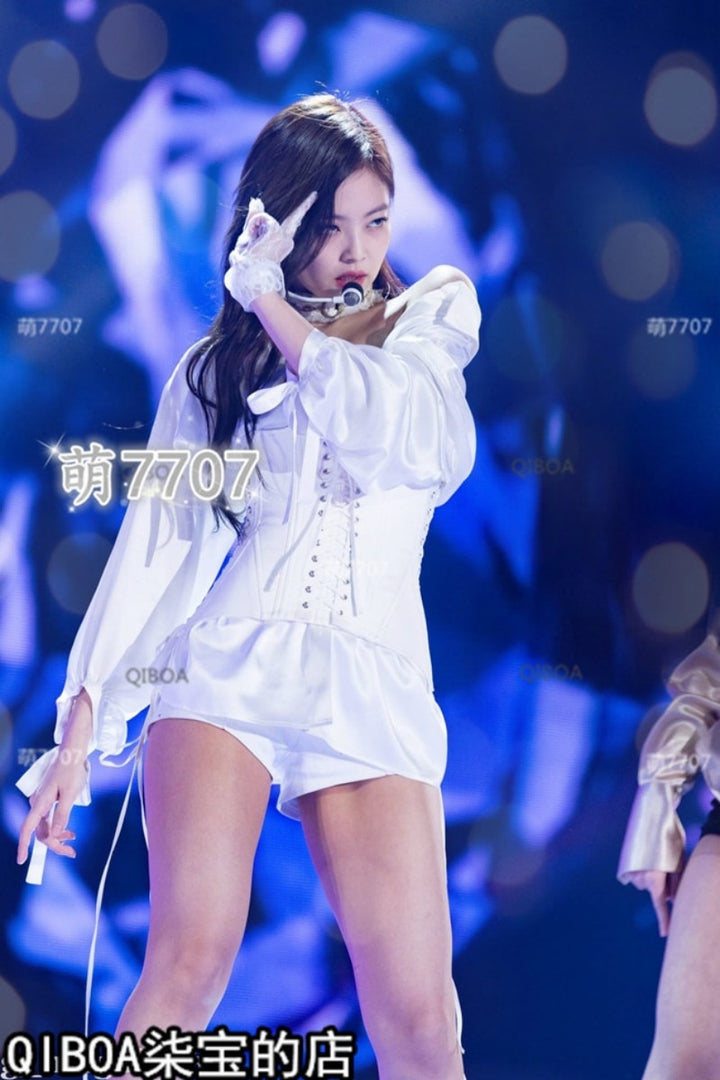 Kpop Korean White Long-Sleeve Shirts Women Stage Performance Clothes Two Piece Set