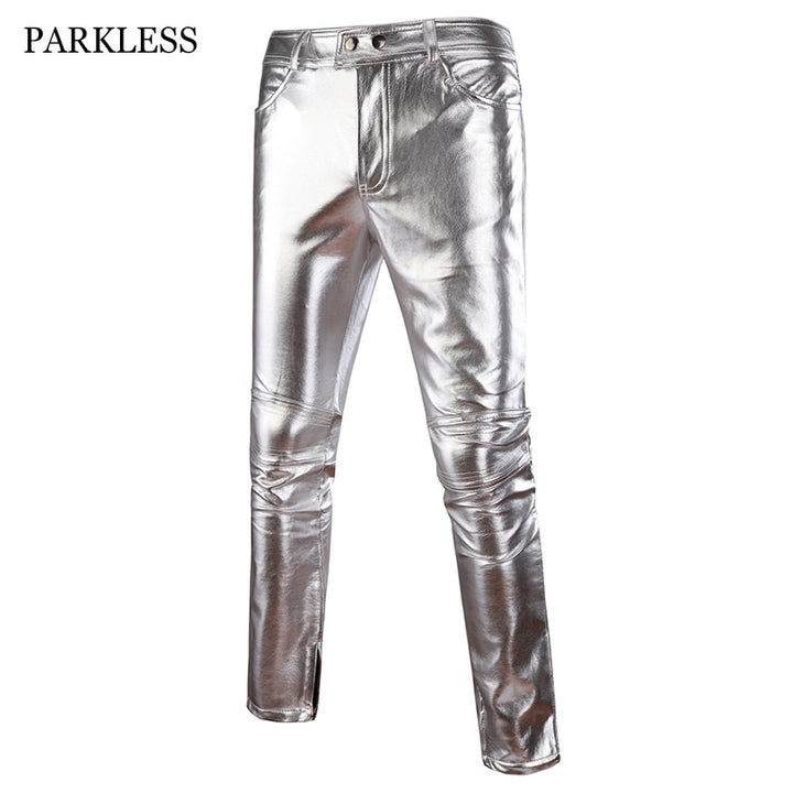 Mens PU Leather Pants Mens Brand Skinny Shiny Gold Silver Black Pants