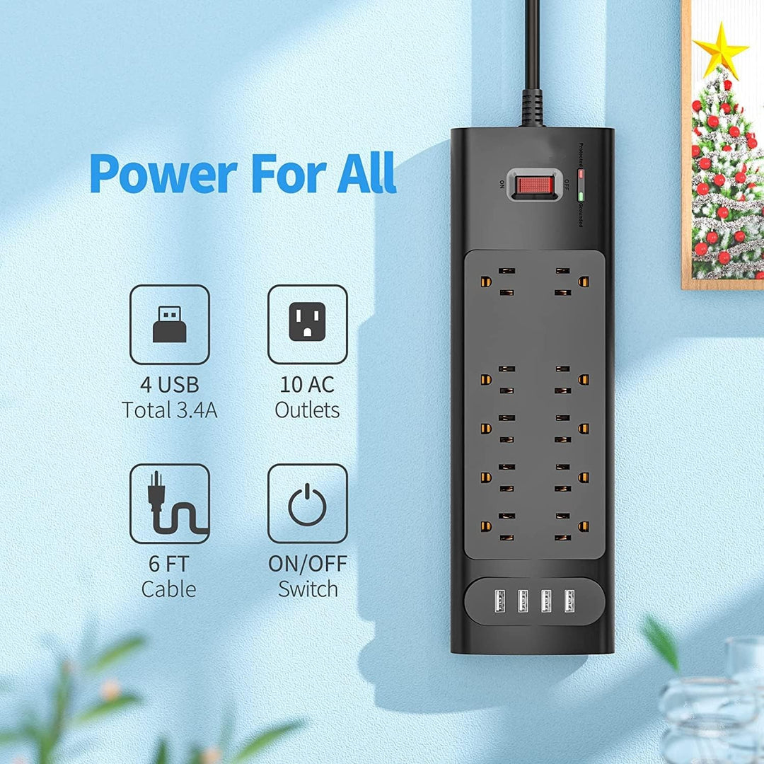 6 FT Long Extension Cord Power Strip With 10 AC Outlets & 4 USB