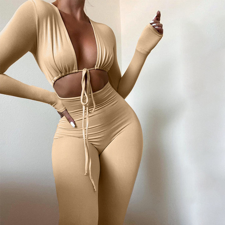 Solid Color Lace-up Hollow Long-sleeved Jumpsuit