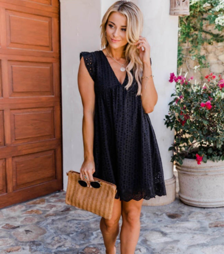 Lace Dress With Pocket - Sleeveless Jacquard Cutout V-Neck