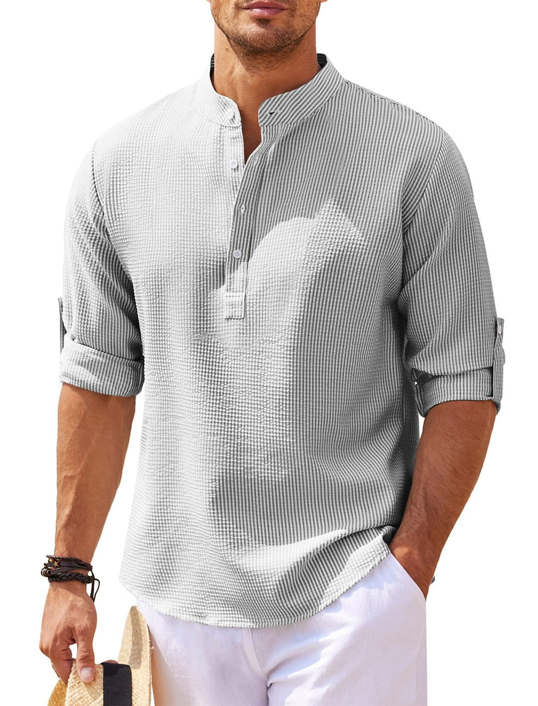 Men's Casual Shirt  Long Sleeve Stand Collar Solid Color Shirt Mens Clothing
