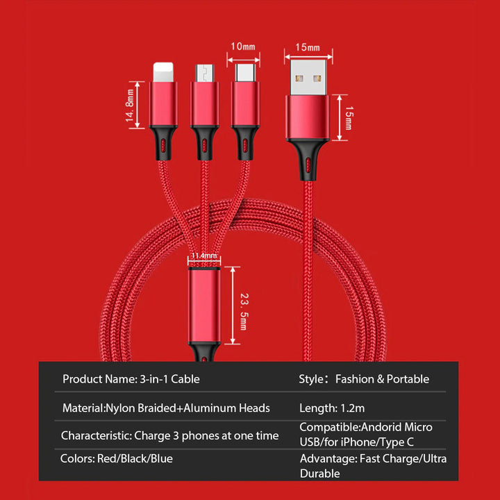 3 In 1 USB Cable For IPhone  Android USB TypeC
