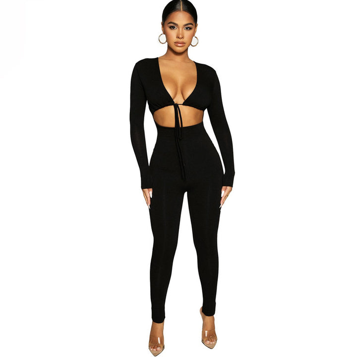 Solid Color Lace-up Hollow Long-sleeved Jumpsuit